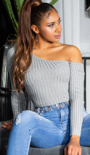 een-schouder geribbelde sweater-trui grijs