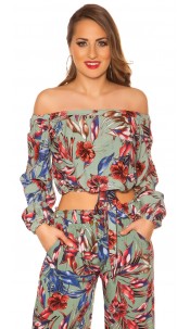 Sexy off shoulder shirt bloemen-print met lus khaki