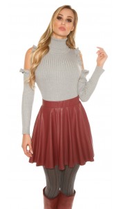 leather look pleated mini skirt with zip Bordeaux