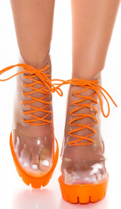 Trendy transparent block heel lace-up ankle boots Orange
