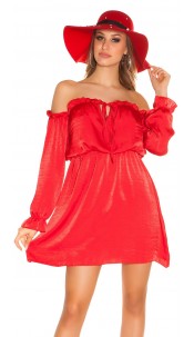 mini dress Carmen neckline satin look Red