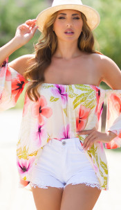 Summer off-shoulder Blouse with floral Print Beige