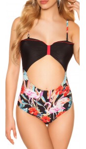 Swimsuit with Cut Out Flamingo Print Black