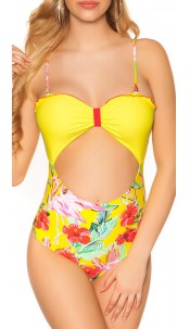 Swimsuit with Cut Out Flamingo Print Yellow